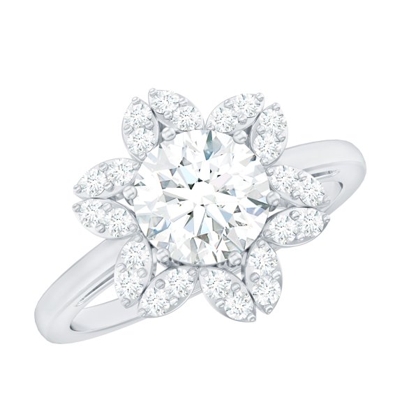 Rosec Jewels - 2 CT Certified Moissanite Floral Engagement Ring, Moissanite Gold Ring with Halo for Women, 925 Sterling Silver, US 4.00