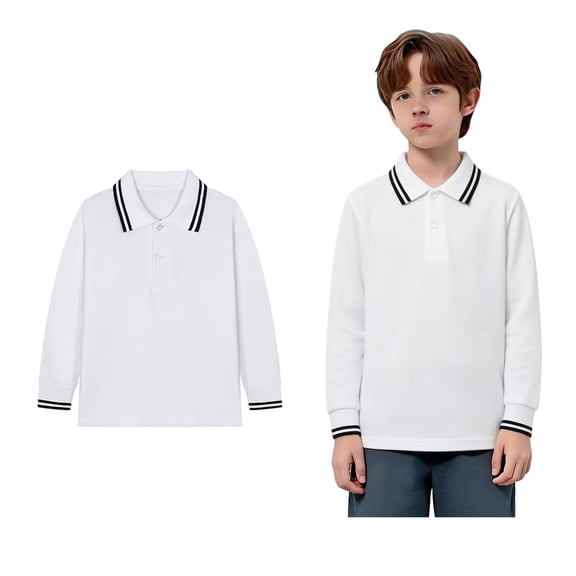 Boys Polo Shirts Long Sleeve White Kids Button down Shirt Casual Collared Shirts Classic 10-11 Years Clothes for Boys