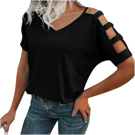 

HTNBO Women Lace Hollow out Solid Color T Shirts Short Sleeve Casual Summer V Neck Tops Corset Tops Black S