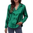 thumbnail image 1 of Camisa de satén lisa con botones y manga larga para mujer, 1 of 8
