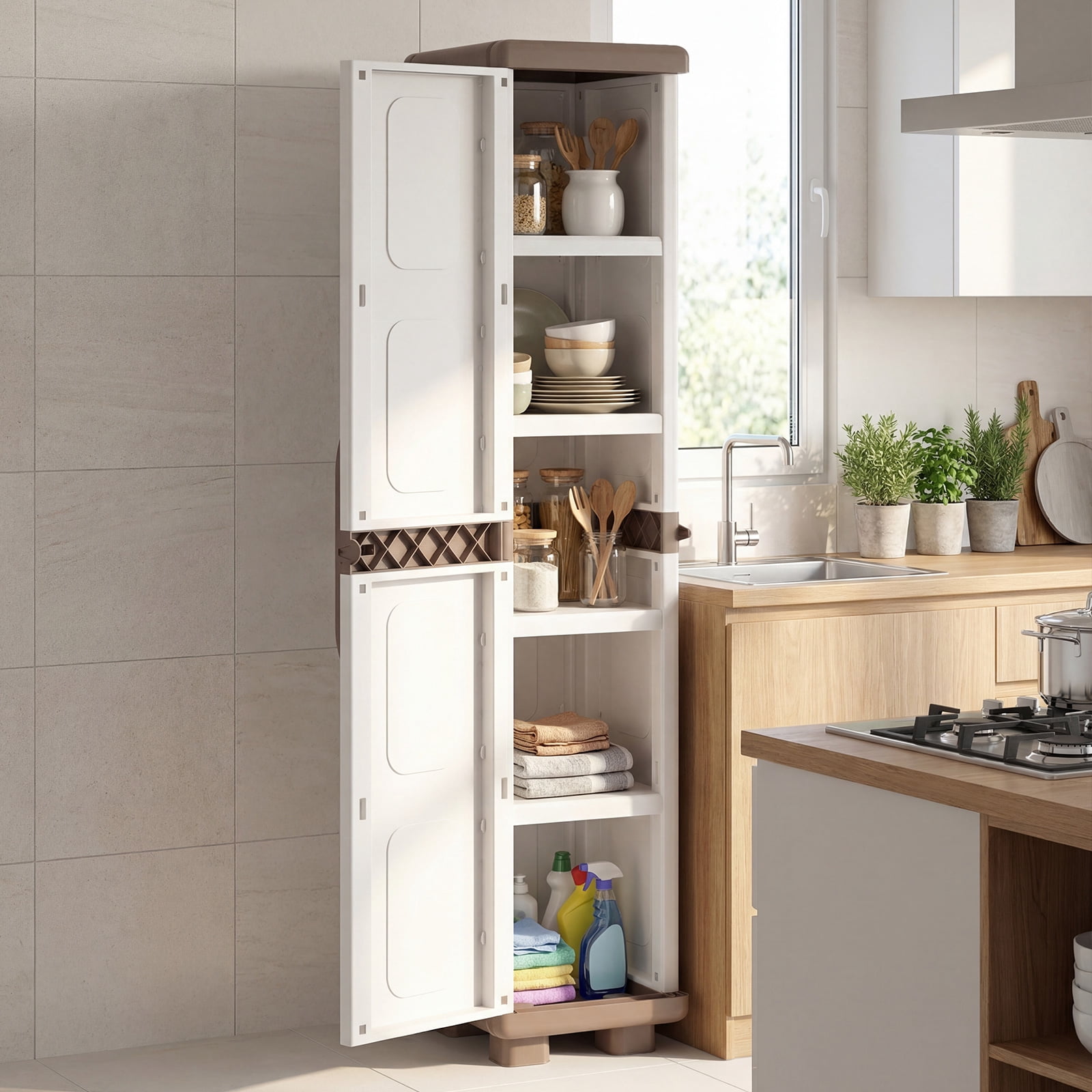Costway Slim Storage Cabinet with Single Door, Plastic Kitchen Pantry with 4 Shelves Brown and White