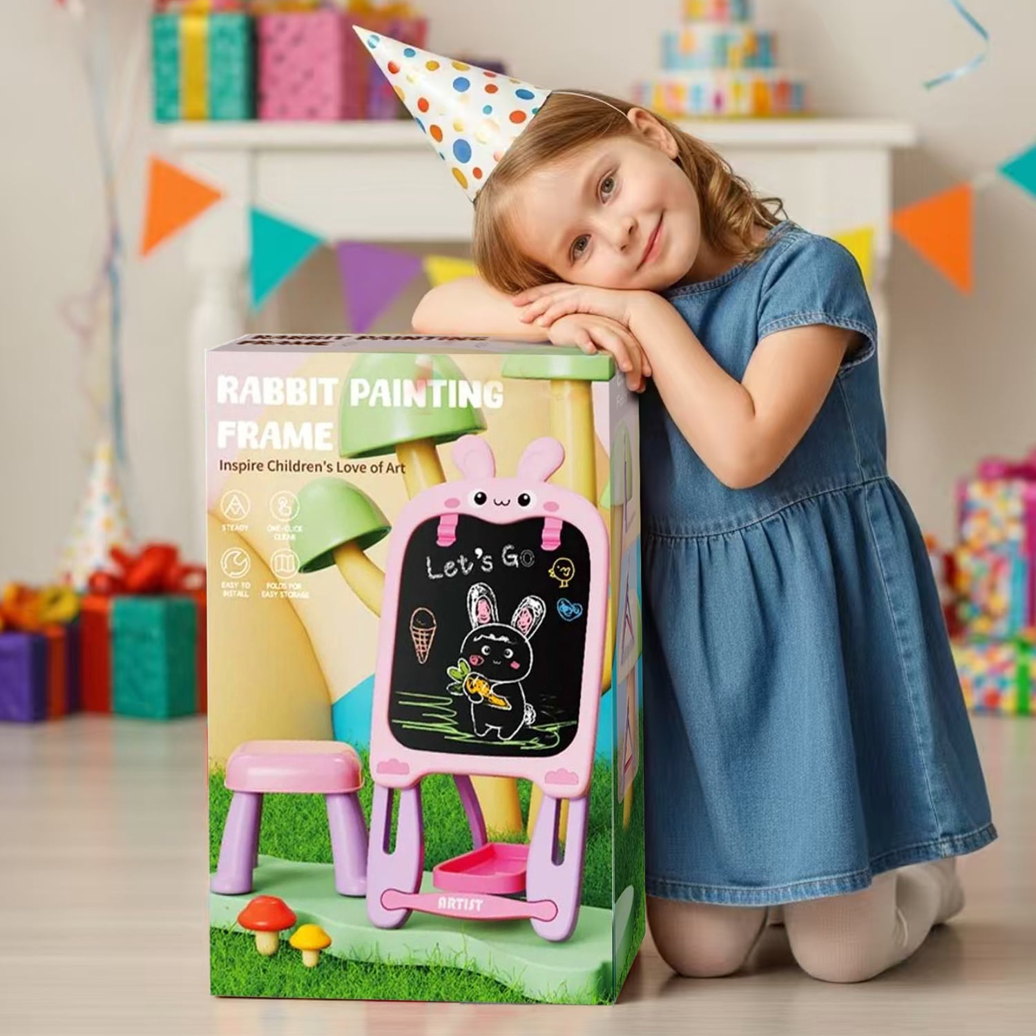 Aijohnny Rabbit Easel for Kids, Adjustable Standing Magnetic Drawing Board with Chair for Girls & Boys, Birthday Gift for 3-5 5-8 Year Old