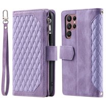 Allytech Crossbody Wallet Case for Samsung Galaxy S22 Ultra, Zipper Wallet With Wrist Shoulder Strap Magnetic Folio Flip Shockproof Cover, Purple
