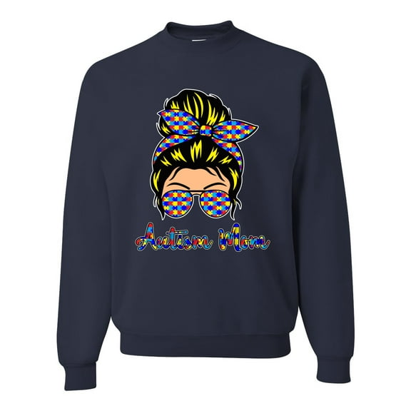 Autism Awareness Mom Life Messy Hair Bun | Cool Support Neon Print Bandana Mother's Day Unisex Crewneck Graphic Sweatshirt, Navy, XX-Large