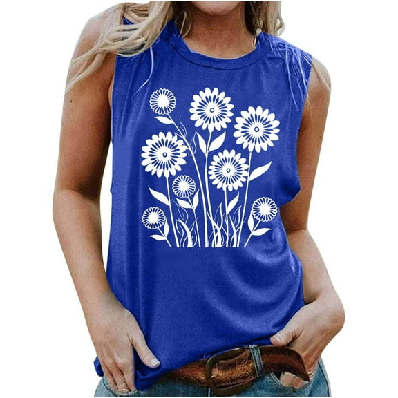 Tank Top for Women Summer Sleeveless Tops Casual Loose Fit Sunflower Floral Graphic Vest Vintage Tees Cute Tshirts
