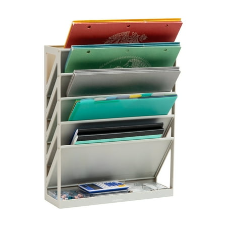 Mind Reader 5-Tier Vertical File Storage, Desktop Organizer, Wall Mount, Office, Plastic, 13"L x 4.25"W x 16"H, Beige