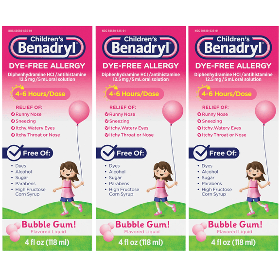 Children's Benadryl Dye-Free Allergy Liquid, Bubble Gum Relieves Symptoms Due to Upper Respiratory Allergies, Including Runny Nose, Sneezing and Itchy Nose , 4 fl. Oz ( Pack of 3)