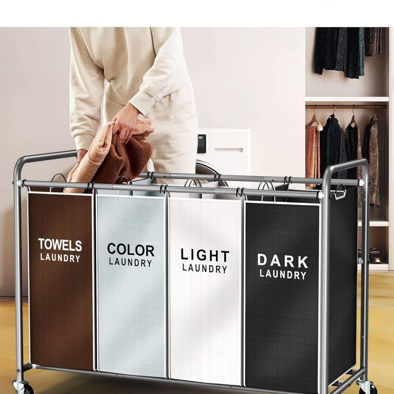 Laundry Hamper Sorter Cart: 4-Section Organizer with Heavy-Duty Lockable Wheels and Removable Bags | 172L Rolling Laundry Basket for Dirty Clothes in Laundry Room or Small Spaces (Multicolor)