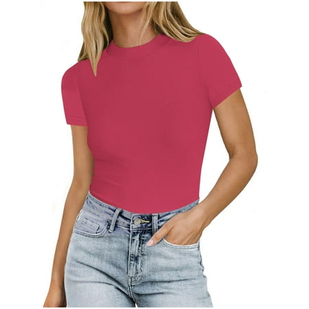 Sales Today Clearance Womens Basic Short Sleeve Slim Fit T Shirts Ndbuld Women s Casual Solid Color Short-Sleeved Crew-Neck Top Red 3XL