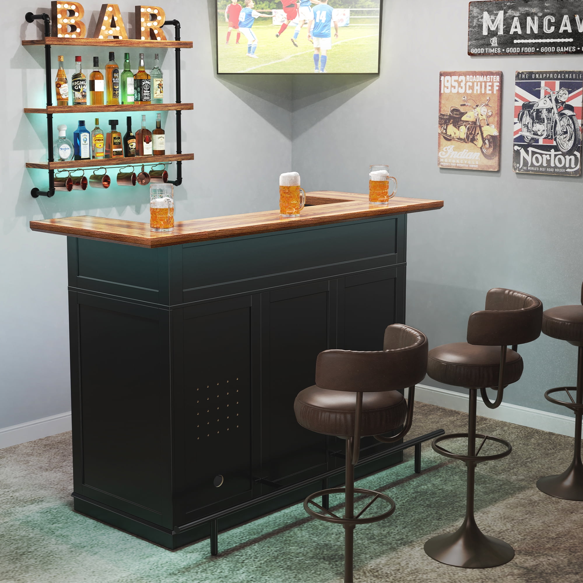 Home Bar Unit with Fridge Space, U-Shape Liquor Wine Cabinet, 63" Mini Bar Table