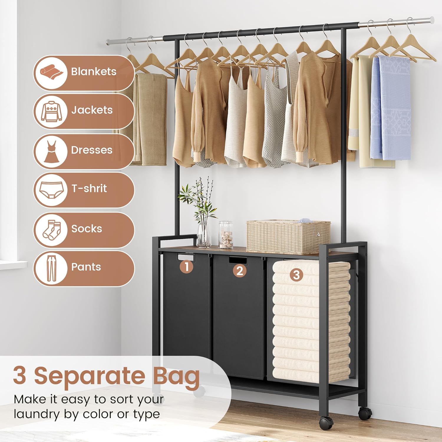 Laundry Hamper Sorter with Retractable Hanging Rod & Locking Wheels - Heavy Duty Laundry Room Organizer with Shelf，3 Hamper