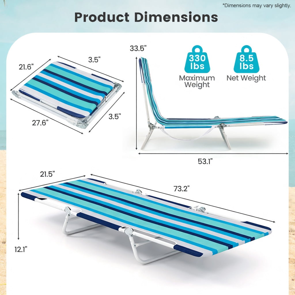 Hommoo 2-Pack Adjustable 5-Position Lay-Flat Beach Lounge Chairs with Carry Strap, Heavy-Duty 600D Oxford & Steel Frame, Blue