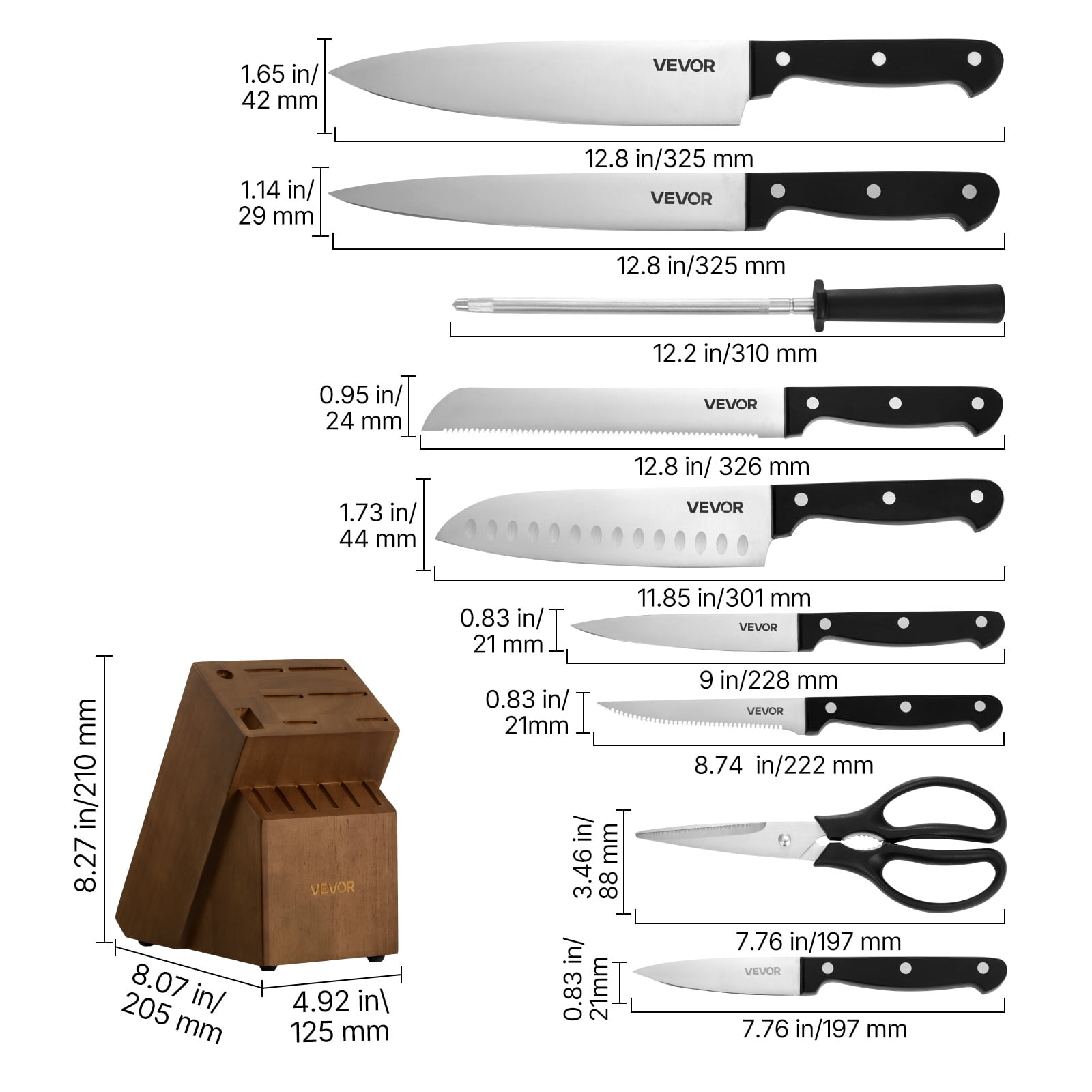 VEVOR Kitchen Knife Set with Block and Sharpener, 15 Piece German High Carbon Stainless Steel Knife Set, Kitchen Cutlery with ABS Ergonomic Handle, Sharpening Rod and Wooden Block, for Home Cooks