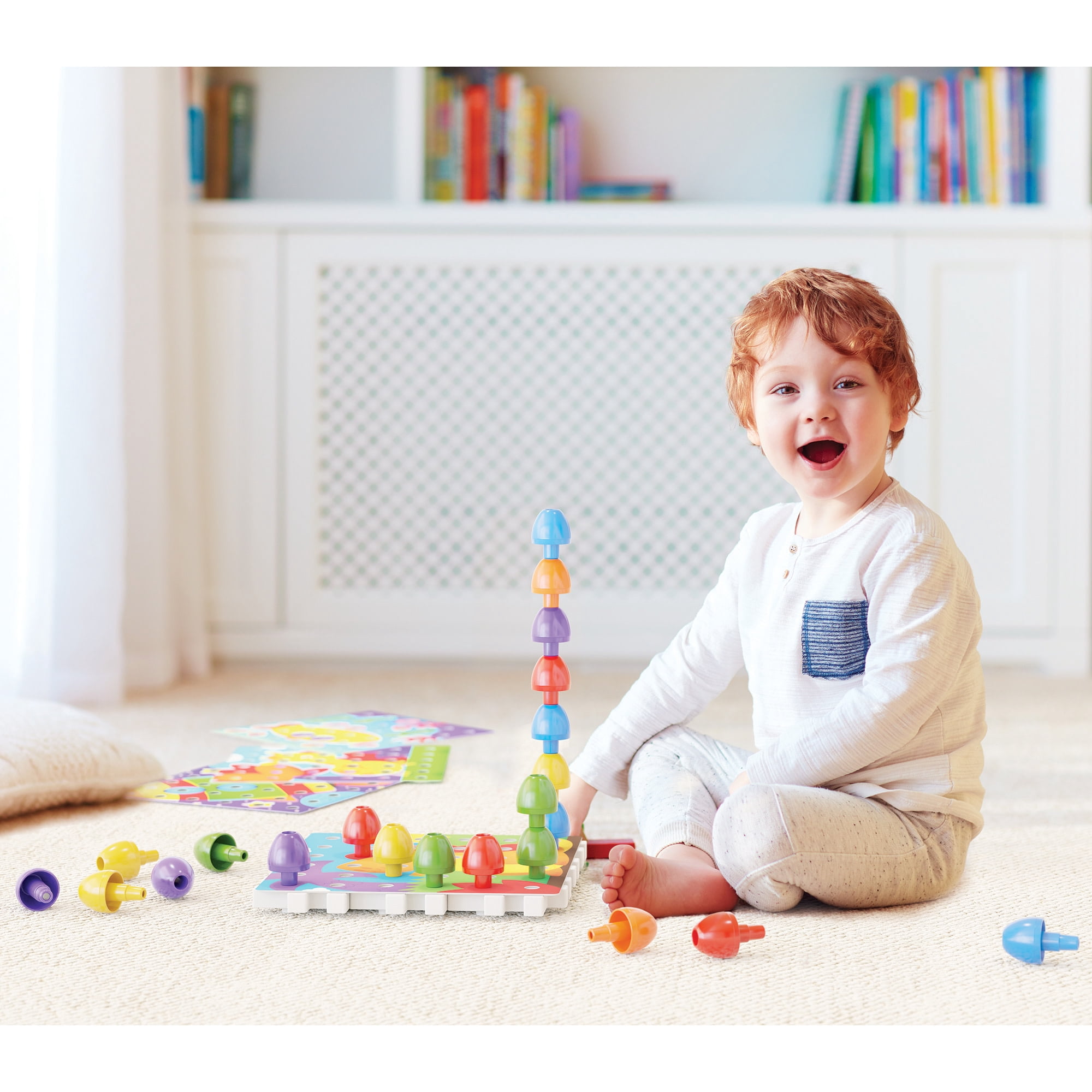 Quercetti: Jumbo Peggy - Creative Pegs Stacking & Color Matching Toy, Illustrated Cards & 9 Linking Boards, Animal & Nature Scenes, Toddler & Kids 2+