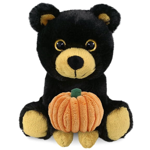 DolliBu Big Eye Plush Black Bear Stuffed Animal with Pumpkin Plush Decor - Bear Plush Animal for Fall, Halloween and Thanksgiving, Pumpkin Toy for Baby, Kids, Adults - 6.5 Inches