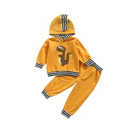 

Gureui 2Pcs Kids Baby Boys T-shirt Trousers Suit Cute Dinosaur Long Sleeve Hooded Tops Stitching Long Pants Clothes Outfits Set