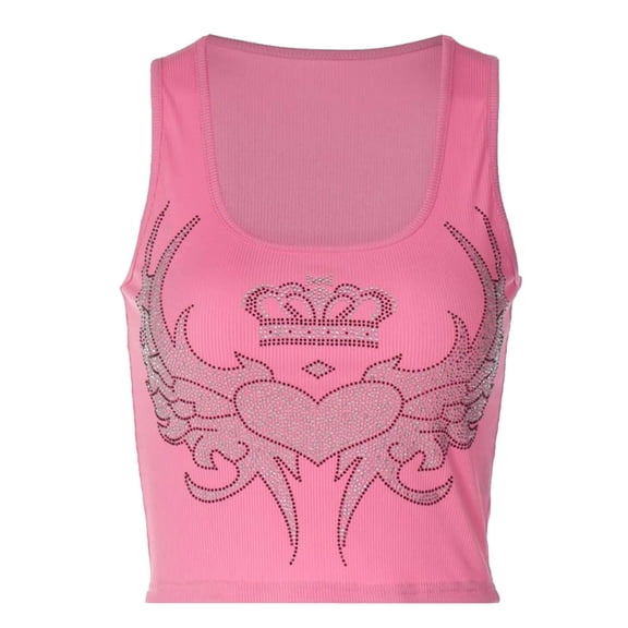 Fshinging 2026 Summer Fashion Tank Top for Women Rhinestone Crop Heart Wing Graphic Summe Cute Going Out ;] Layering Pink L