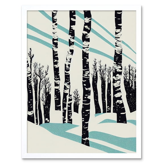 Modern Birch Tree Forest in Winter Modern Stencil Design Monochrome and Teal Art Print Framed Poster Wall Decor 12x16 inch
