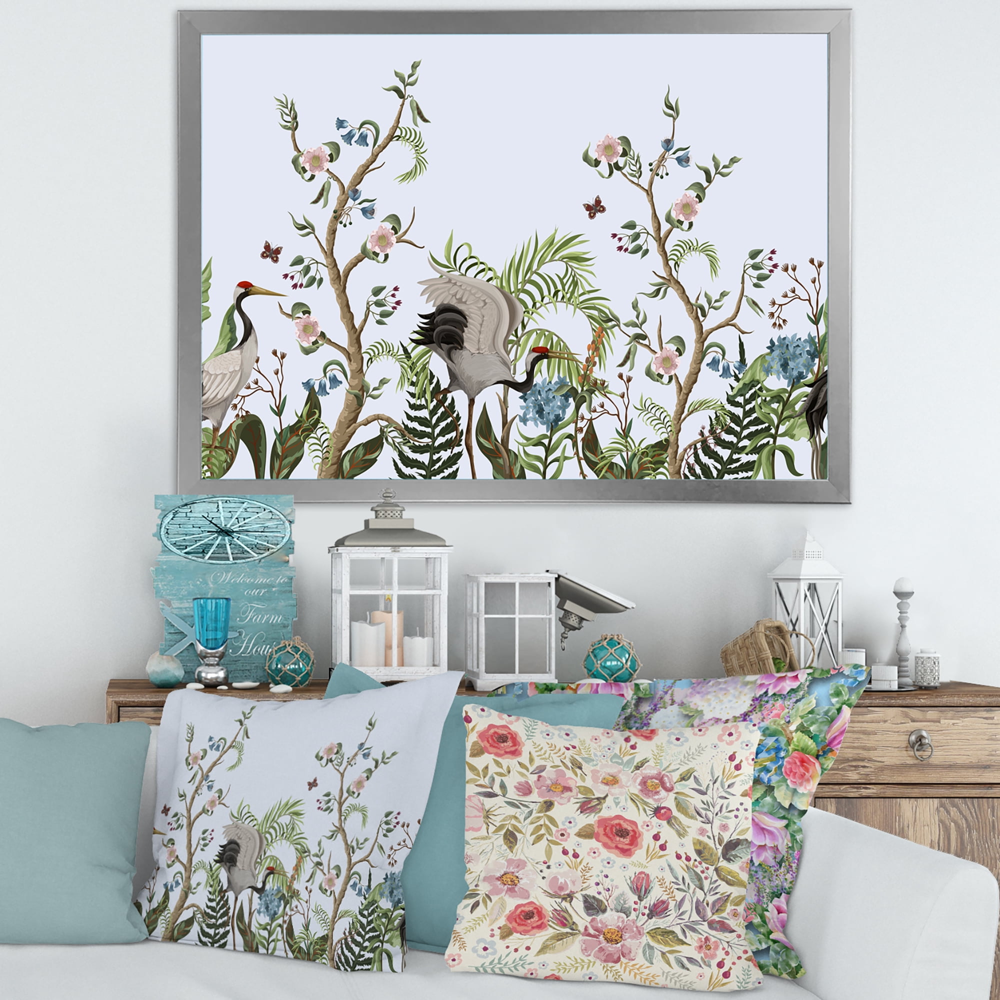 Designart 'Border With Peonies and Cranes In Chinoiserie Style' Traditional Framed Art Print