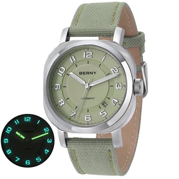 BERNY Automatic Watch for Men, Casual Sport 50M Waterproof Mechanical Wrist Watch with Fabric Strap, Super Luminous, Sapphire Glass, Date Calendar, Fashion Vintage Men's Watch, Light Green