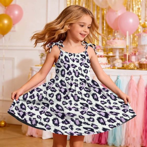 WAVSUF Casual Dresses for Girls Sleeveless Adjustable Strap Leopard Prints Summer Trendy Daily Dress Multicolor Size 2