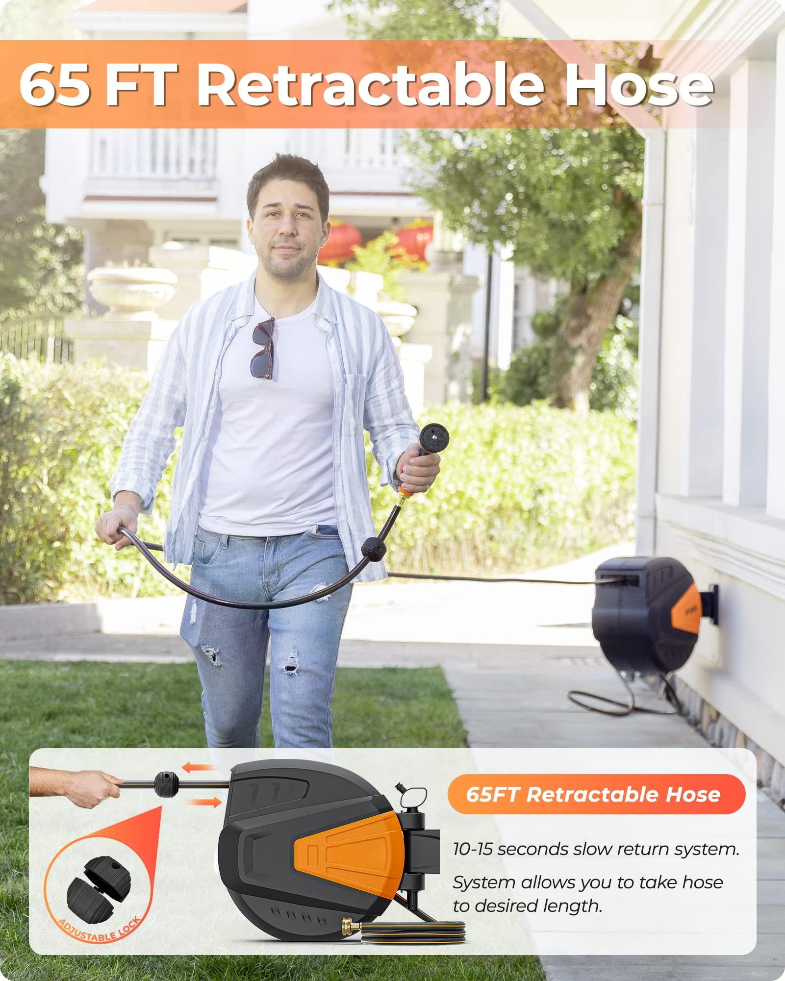 Retractable Garden Hose Reel 1/2 In X 65 Ft Wall Mounted  With 9- Function Sprayer Nozzle Any Length Lock/slow Return System/wall Mounted/180°swivel Bracket (black)