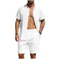 thumbnail image 3 of VBTAPA Mens 2 Piece Cotton Linen Outfits Summer Beach Matching Sets Short Sleeve Button Down Shirts and Shorts Set with Pockets White M, 3 of 8