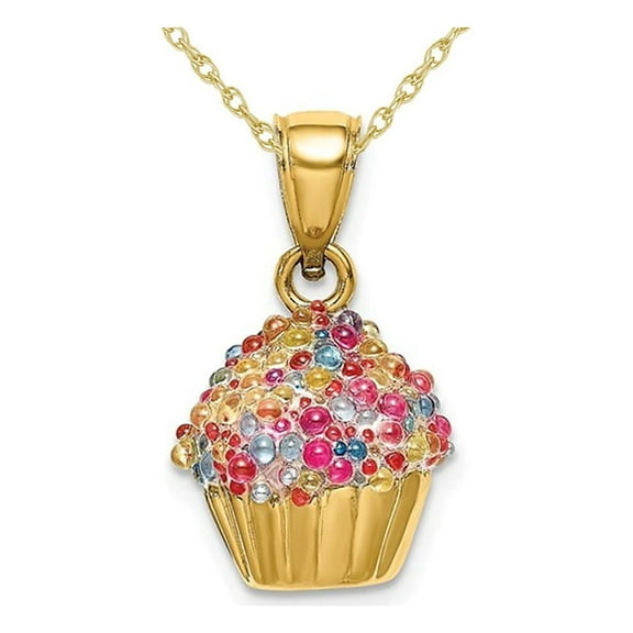 14K Yellow Gold Cupcake Charm Pendant Necklace with Colored Bead Icing and Chain