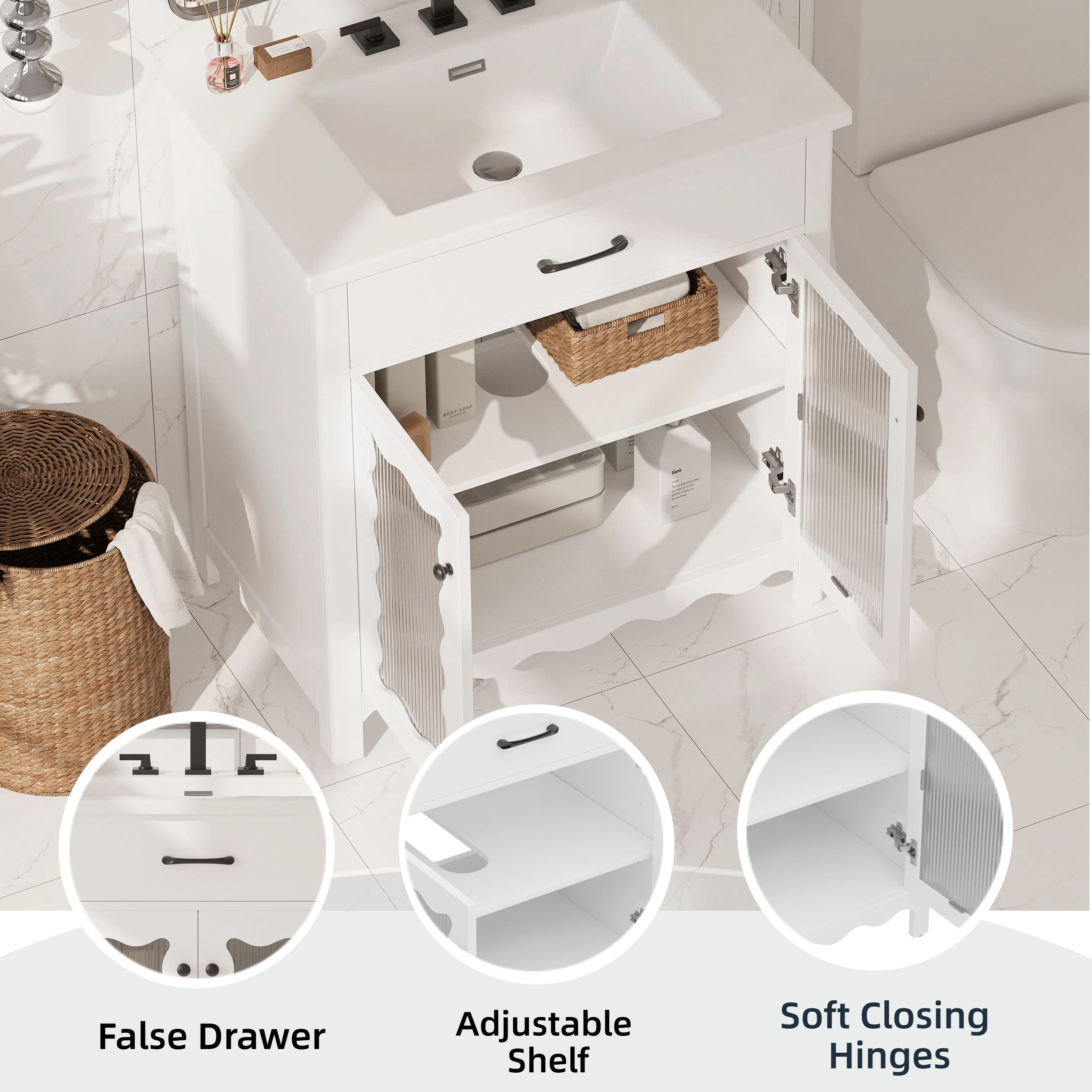 GARITIN Bathroom Vanity 31 Inch, Modern Bathroom Cabinet with Tempered Glass Doors and Rubber Wood Legs for Small Bathroom, White