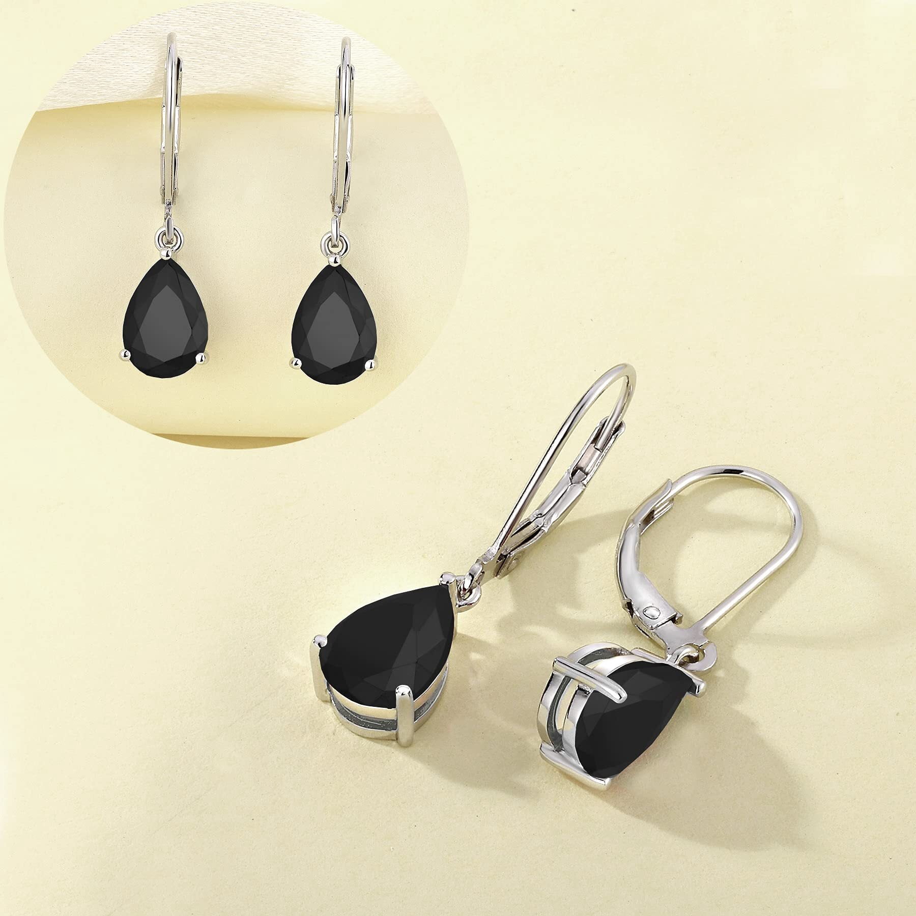 PYNZY Dangle Drop Earrings Sterling Silver Solitaire Leverback Teardrop Earrings for Women Black Cubic Zirconia Jewelry Gifts for Moms