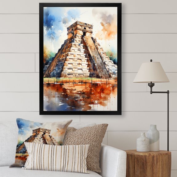Designart "Mexican Art featuring Chichen Itza III" People Framed Wall Art - Global Grey Mexican Art Hallway Framed Wall Art Decor