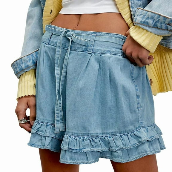 Ruffled Denim Shorts for Women Drawstring High Waisted Baggy Wide Leg Jean Shorts Y2k Streetwear Light Blue S