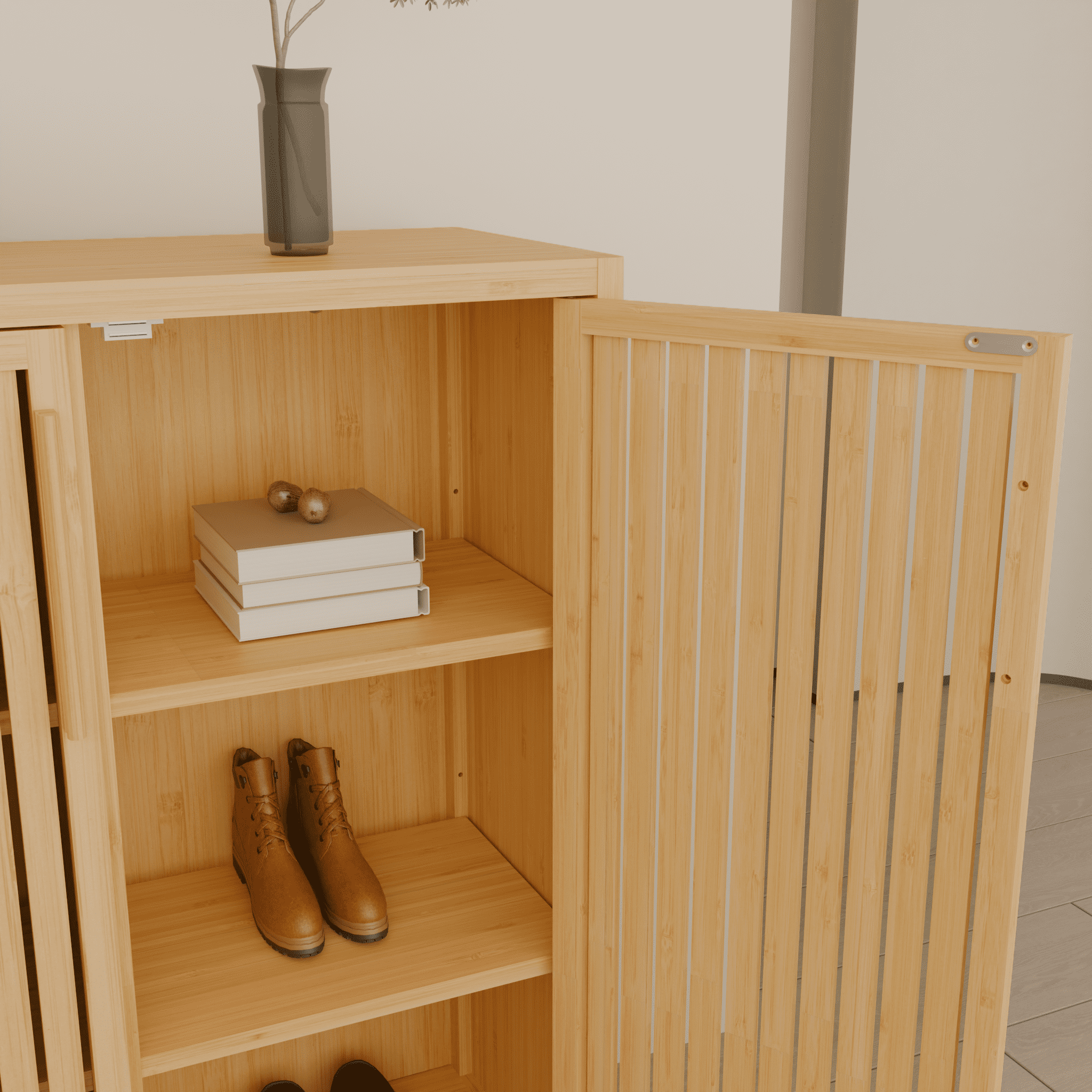Yoneston Bamboo Storage Cabinet with Doors, Home Office 3-Tier Shoe Rack Shelves for Entryway, Bathroom, Living Room Natural