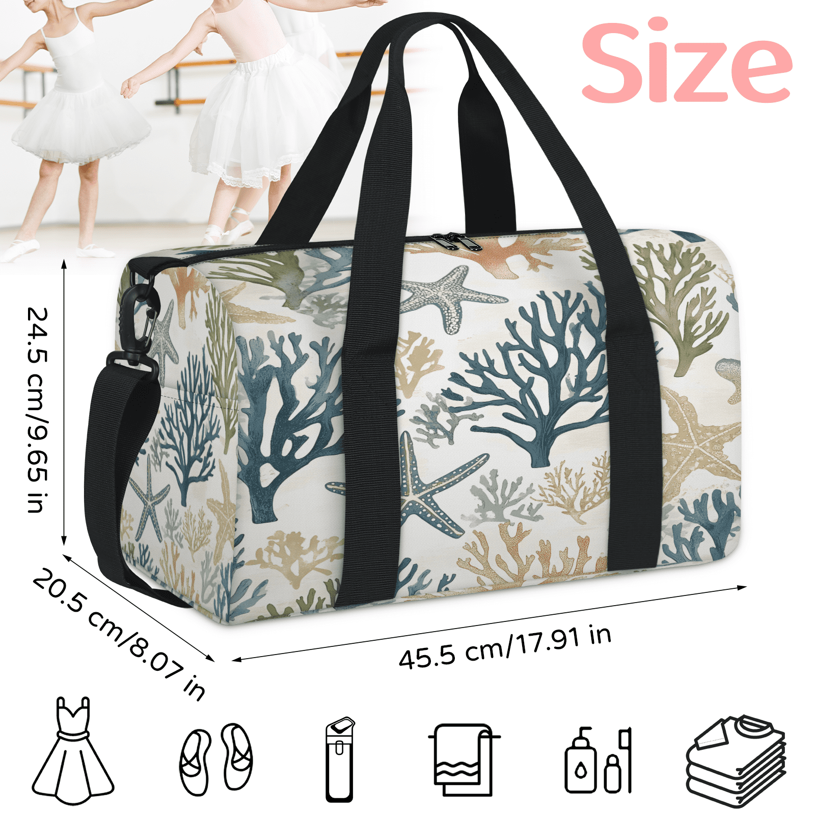 Herdesigns Starfish Beach Gym Bag for Women, Cute Duffle Bag for Travel Sport, Lightweight Waterproof Carry on Weekender Overnight Dance Yoga Workout Bags