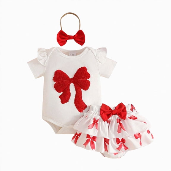 NOLDARES Newborn Baby Girl Romper 3Pcs Clothing Set Jumpsuit Ruffle Trim Short Sleeve Shorts Bow Headband Summer Outfits(Red,3-6 M)