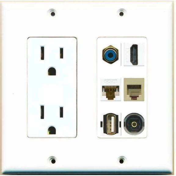 Ultra Spec Cables 2 Gang 15A Power HDMI Cat6 RCA Blue Phone Toslink USB Wall Plate