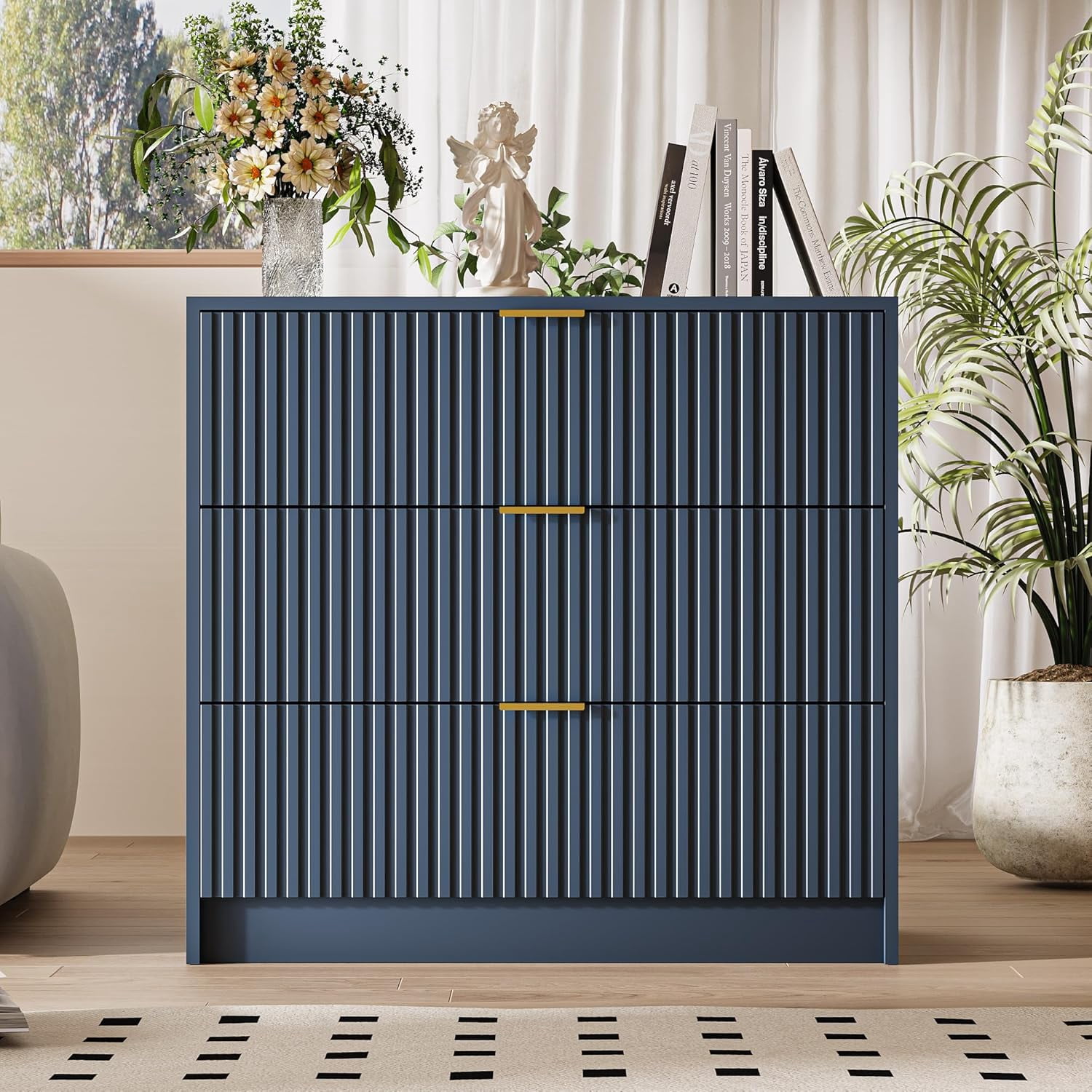 FURNIWAY 3 Drawer Fluted Dresser, 32 Inch Wide Nightstand with Large Drawer, 3 Drawer End Table for Bedroom, Living Rooms, Offices and Entryways,Blue