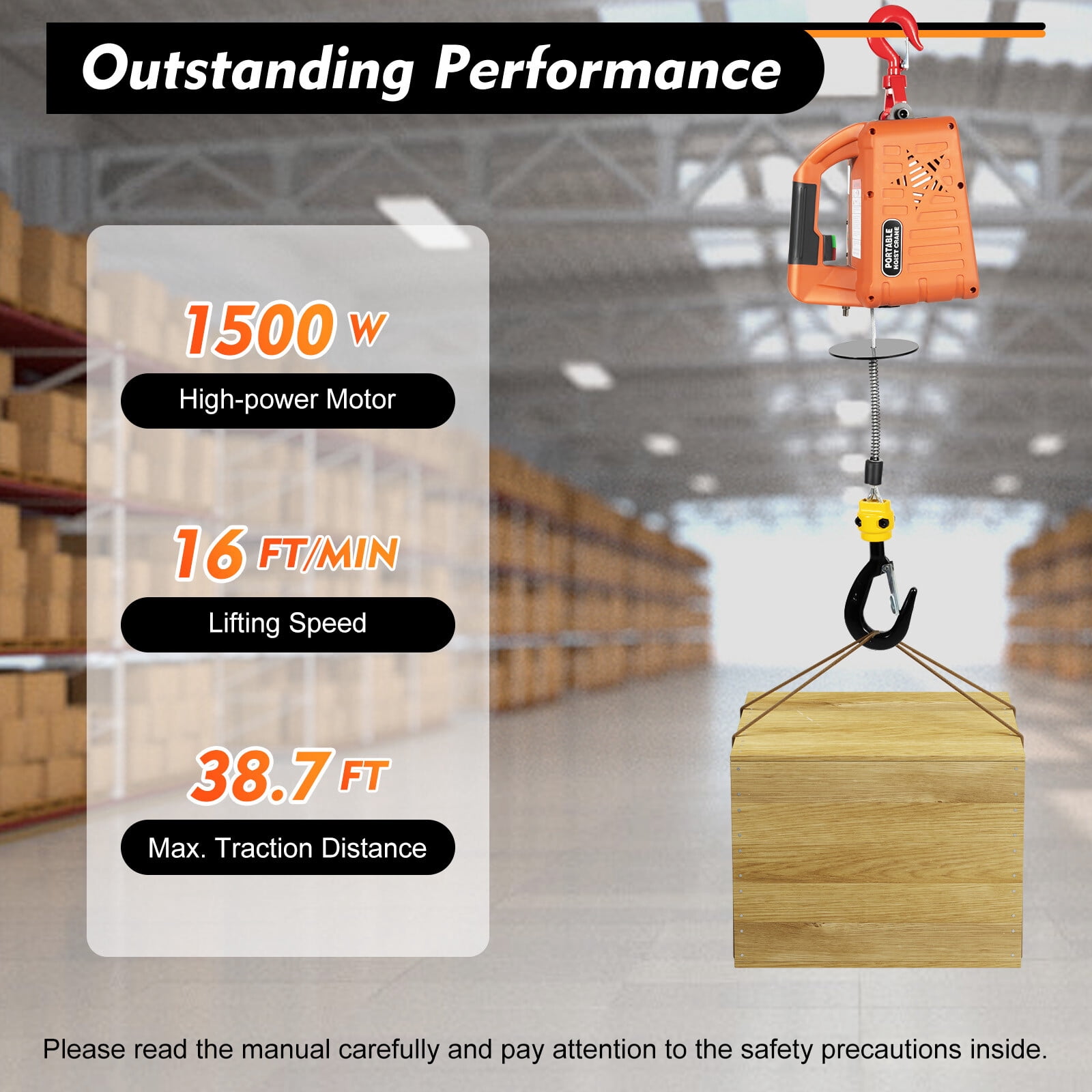 1500W 660 lbs Electric Hoist Winch Engine Crane Overhead Lifting Wireless Remote Orange for Gardens, Forests
