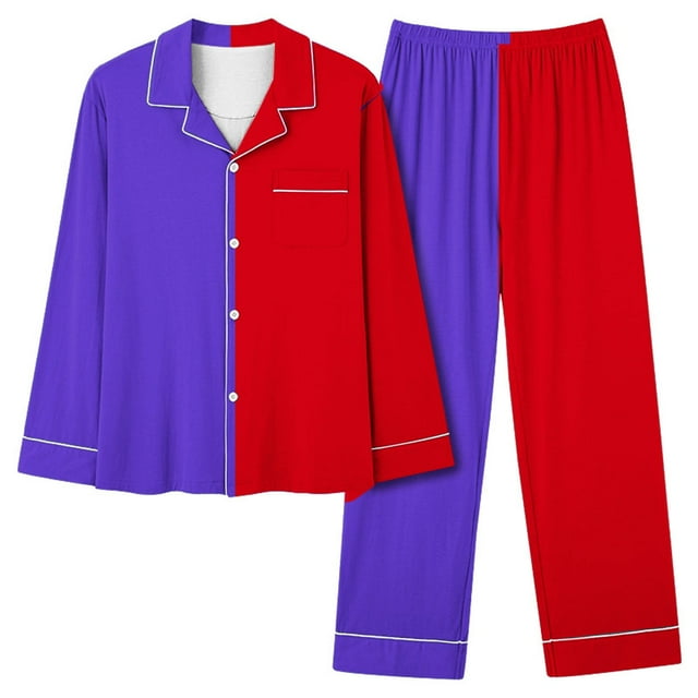 UAMVSH Women Color Block 2 Piece Pajama Sets Classic Button down Notch Collar Shirts Matching Wide Leg Pants Long Sleeve Pockets Outfits(LargeBlue 1)