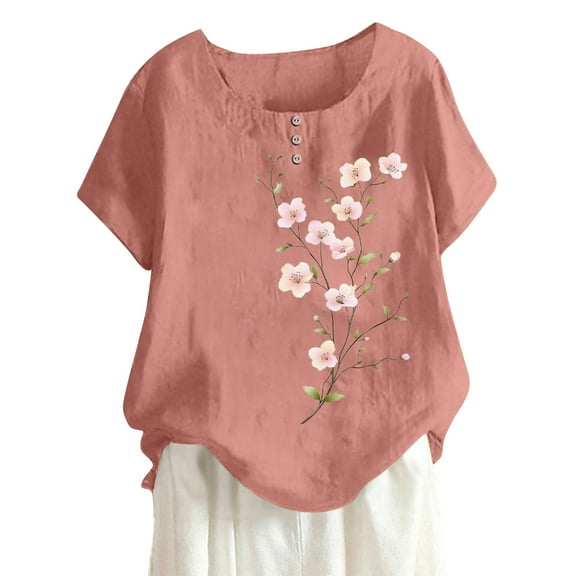 DeHolifer Women's T-Shirts Plus Size Casual Crewneck Floral Printed Button Short Sleeve Loose Blouse T-Shirts Pink XL