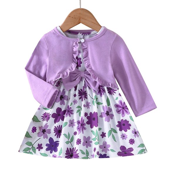 Esaierr 3-24M Toddler Newborn Girls Dress and Cardigan Sets 2 PCS Solid Color Long Sleeve Jacket Floral Printed Vest Dress 2 Piece Set