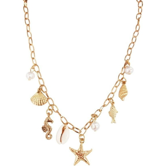 Gold Starfish Charm Necklace for Women Trendy Boho Vacation Shell Conch Seahorse Pendant Necklace Marine Life Choker Fashion Chic Summer Beach Handmade Jewelry Dresses Accessories