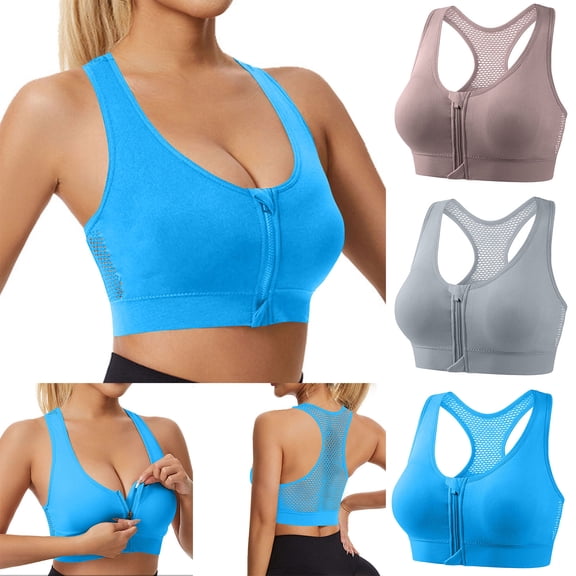 Feancey Women's Racerback Sports Bra Zip Front Closure Wireless Bras Breathable Comfy Yoga Brassiere Solid Color Casual Workout Bras for Gym Running Gray L