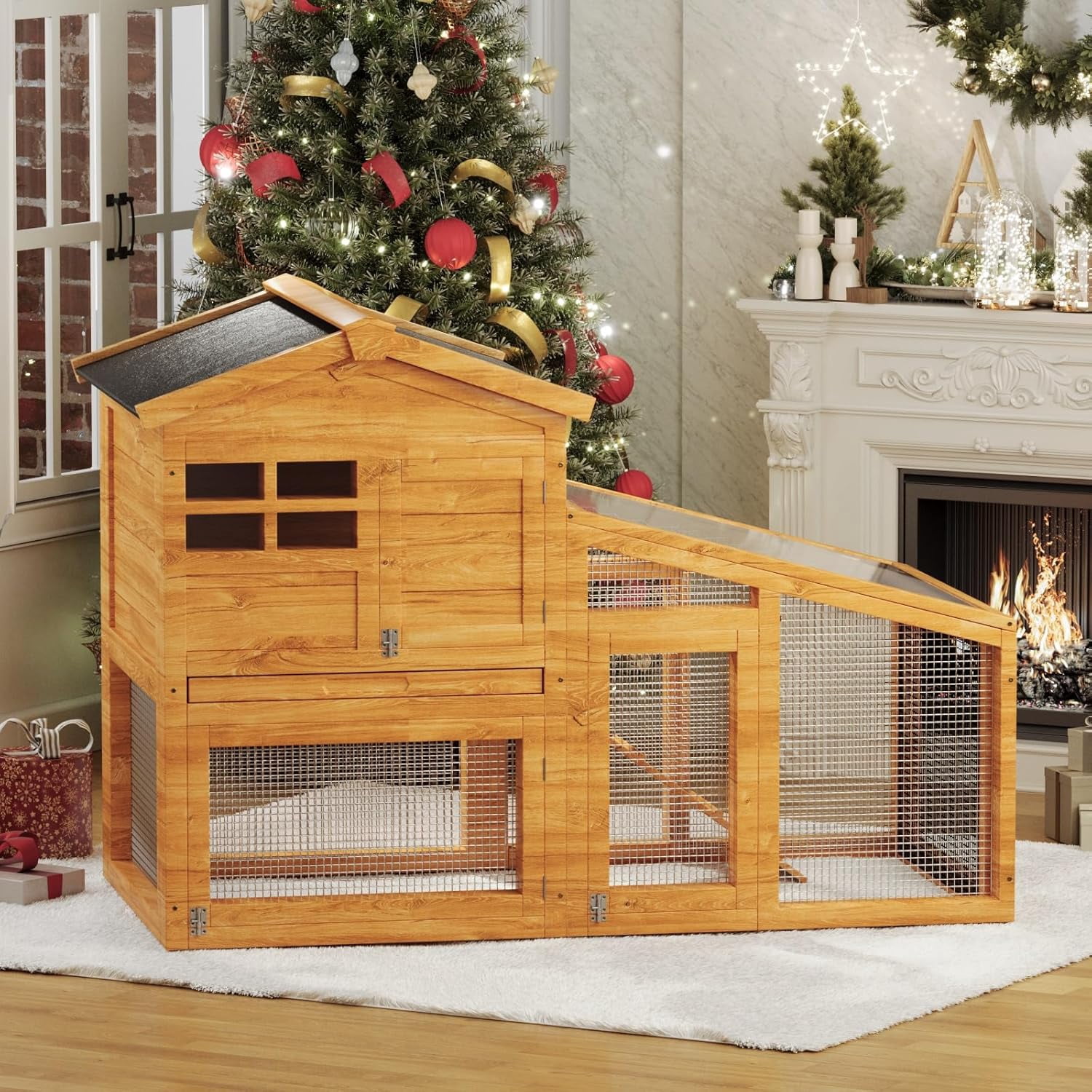 Wooden Rabbit Hutch Indoor and Outdoor, Large Rabbit Cage Chicken Coop Expandable, Weatherproof Bunny Cage with Anti-Chew Metal Frame Ramp for Backyard Small Animals, Natural