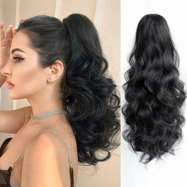 StrRid Extensión de cola de caballo con garra negra natural, ondulada, 16.0 in, extensiones sintéticas rizadas con clip falso, peluca de pelo esponjoso, no se anuda fácilmente, clips en coletas para m