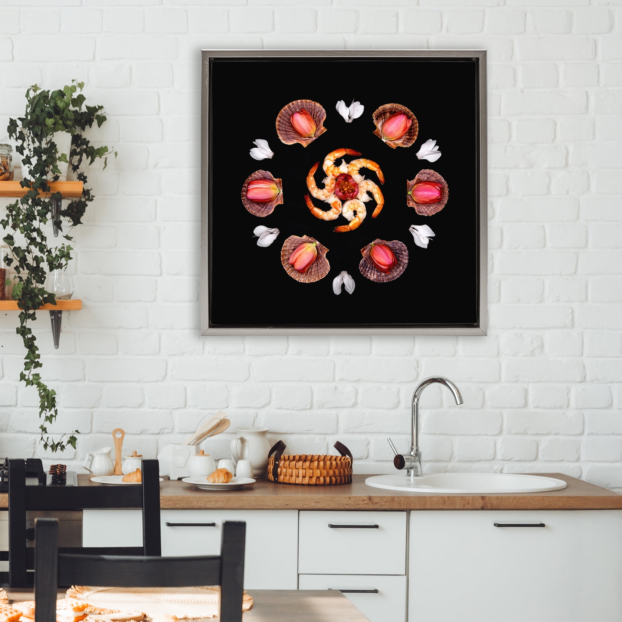 Stupell Industries Seashells & Tulips Symmetry Gray Framed Floater Canvas Wall Art, design by Beth Adoette