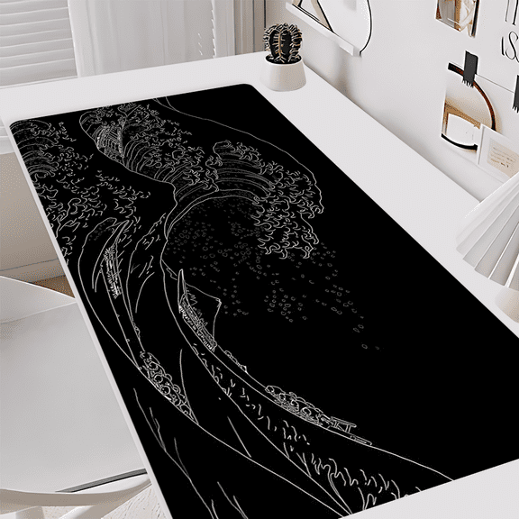 Black & White Great Wave Mouse Pad - Durable Non - Slip Desk Mat, Extra - Large Soft & Comfortable Mouse Pad - Ergonomic Stitched Desk Mat Ideal for Esports & Office Use