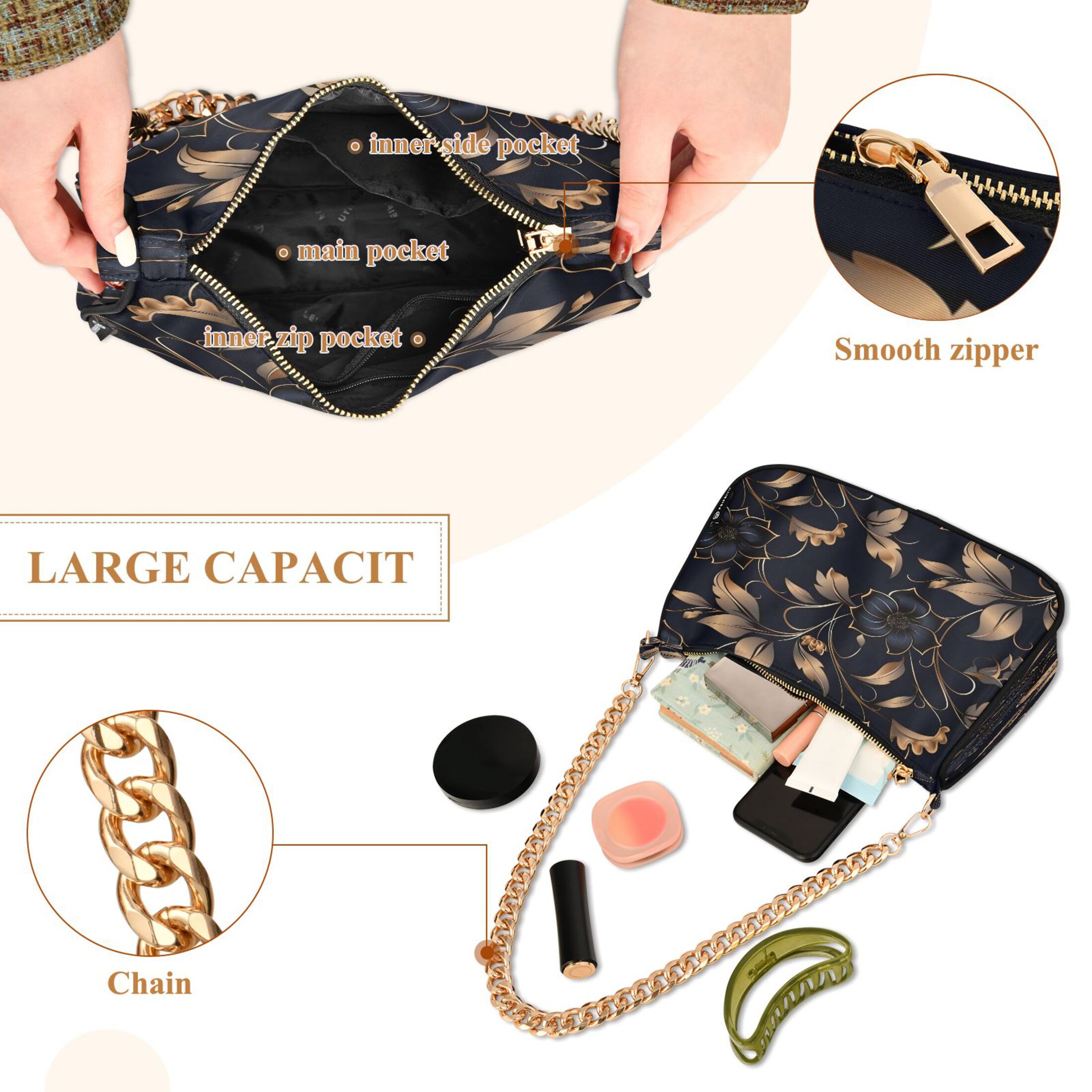 Ryvnso Flower on Black Womens Chain Shoulder Bag Tote Handbags Clutch Hobo Purse with Zipper for Travel
