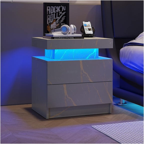 JERFIT Modern LED Nightstand with 2 Drawers, Adjustable Color Changing Lights, Grey Gold Bedside Table for Bedroom, Living Room