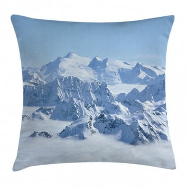 Farmhouse Decor Throw Pillow Cushion Cover, Snowy Summit of Alps over Clouds Scene at Winter Wilderness in Nature, Decorative Square Accent Pillow Case, 16 X 16 Inches, White Blue, by Ambesonne